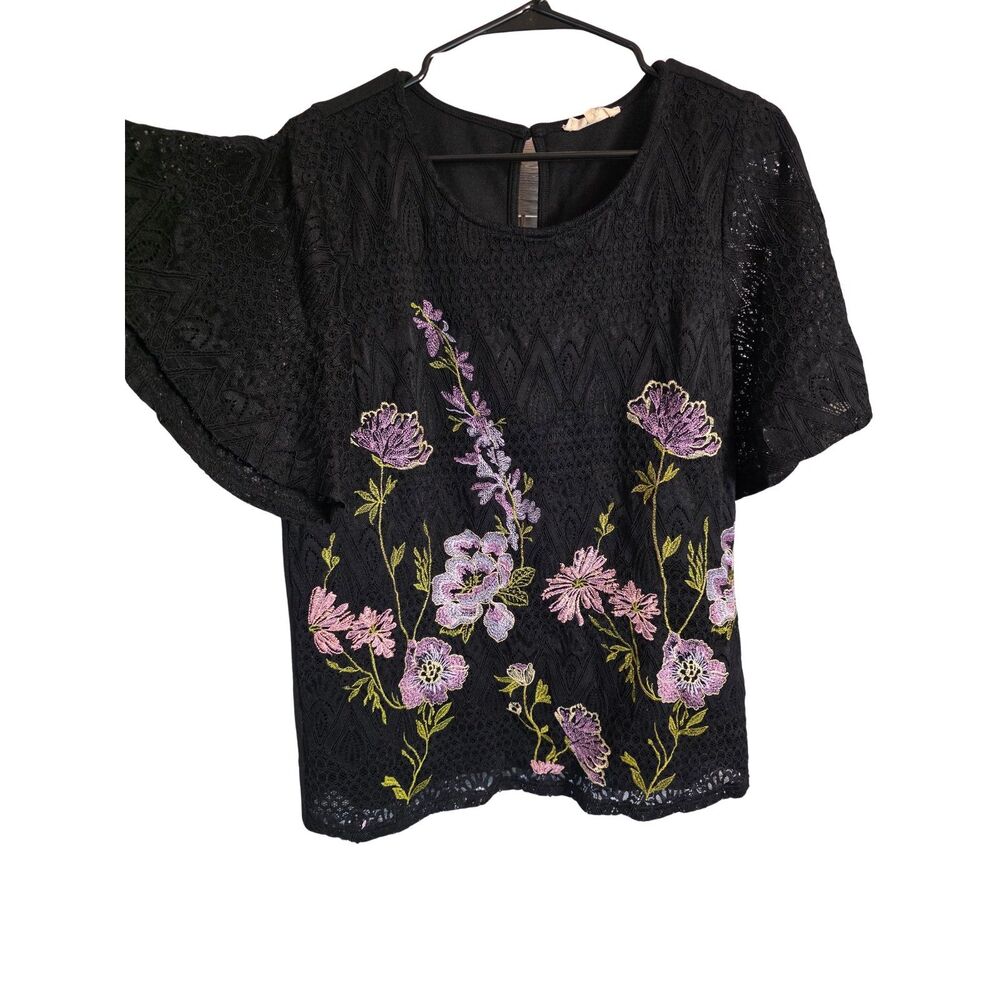Entro Boho Black Lace Floral Embroidered Flutter Sleeve Blouse Top Large L
